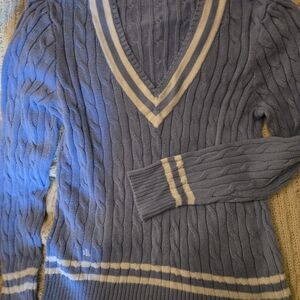 Ralph Lauren Men's Blue Cable-Knit V-Neck Sweater with Cream Trim